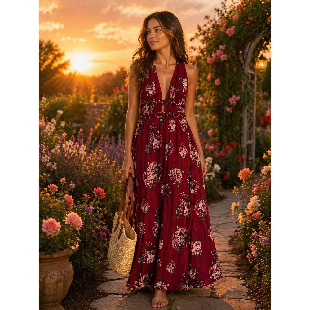 ILA ILA Floral Halter Maxi Dress Burgundy  Braided Waist Open Back Boho Summer